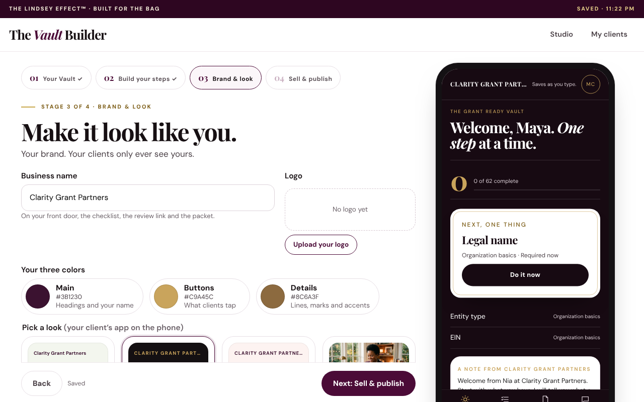 The Vault Builder studio, phase 4: name, logo, colors, typography, domain and access.