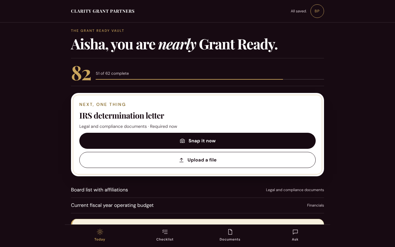 The customer's Vault: the readiness score.