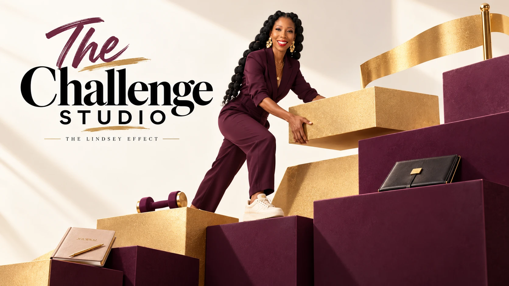 The Challenge Studio campaign portrait: Danielle in plum lifting a gold block onto a staircase of plum and gold blocks.
