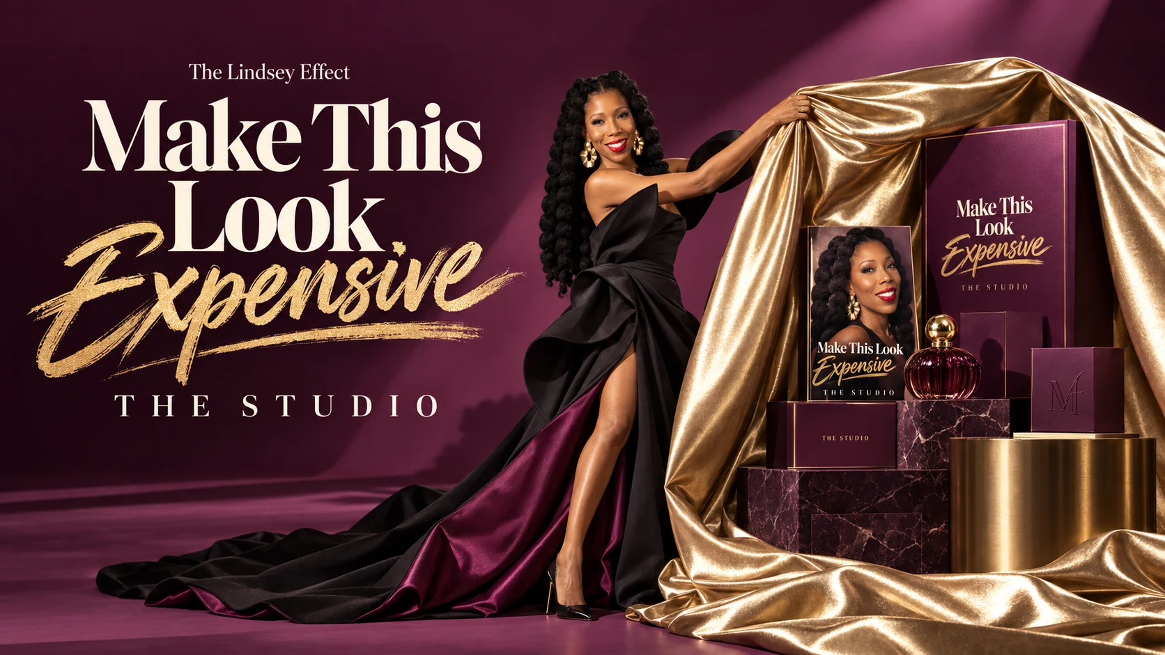 Make This Look Expensive: The Studio. Danielle Lindsey reveals a plum and gold product display behind a gold satin drape.